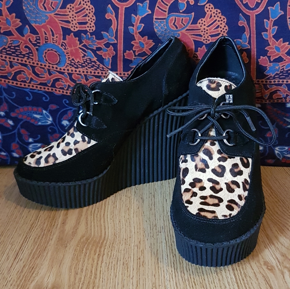 NWOT T.U.K. Leopard print Suede Wedge Booties
